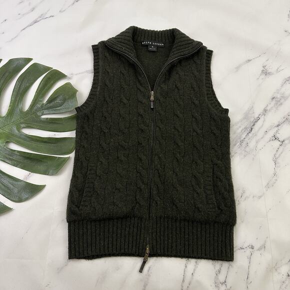 Ralph Lauren Black Label Womens Cashmere Sweater Vest Size M Green Zip Cable - Picture 1 of 10